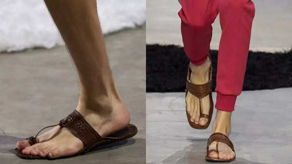 Close-up of Prada's sandals resembling Kolhapuri chappals.