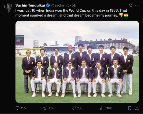 Sachin Tendulkar's heartfelt reflection on the 1983 World Cup win.